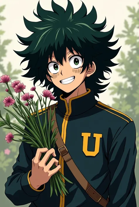  Screenshot of My hero Academia , boy with long and frizzy hair of a very black shade ,  with black paint in various places on his face and body ,  with a smile and plants in his hand wearing the UA uniform