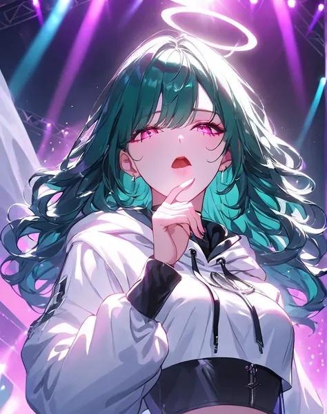 a mature woman with long wavy dark teal green hair, pink eyes, white hoodie crop top kpop outfit, stage, singing, wink, concert, colorful lighting, blow air kiss