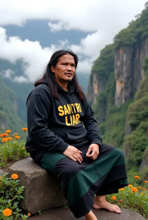 Indonesian man with a slightly fat body, white skin, well-groomed face, very long hair parted straight in the middle, dark black knit hoodie with the words "SANTRI LIAR" in yellow capital letters, Muslim cloth sarong bottoms in black and dark green, barefo...