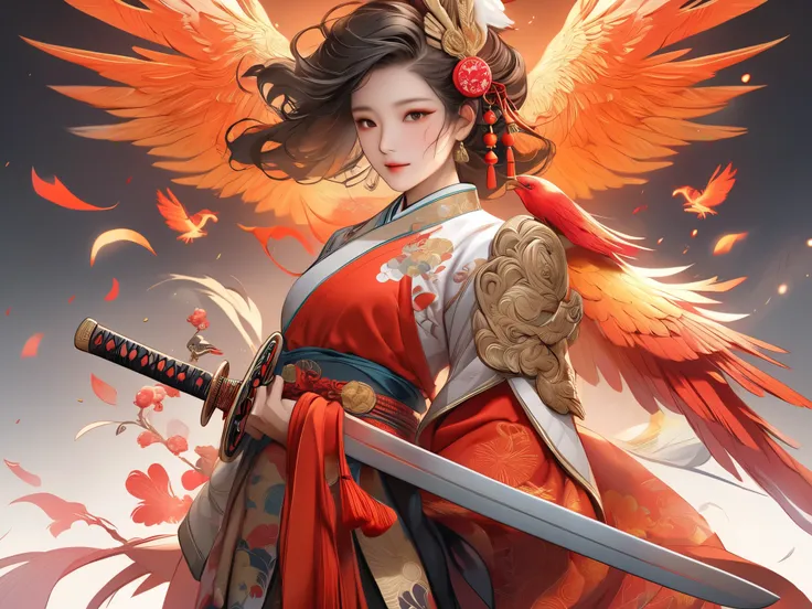 Create an illustration of a character in traditional East Asian attire, featuring intricate details such as flowing ribbons and ornate patterns on the fabric. The character has a sword at their side, suggesting a warrior’s status. Accompanying the characte...