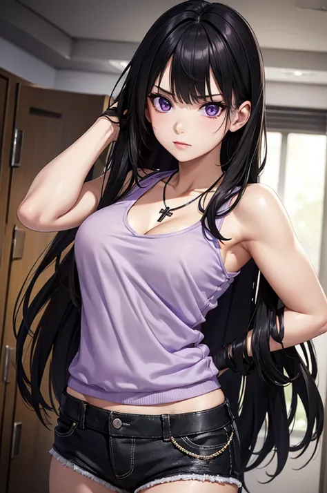 8k resolution,(( top quality )), super high res,Adult female, Alone,  sexy, (Glaring face), ( purple eyes),  beautiful symmetrical face , ( long black hair), hoodie, black tank top, shorts, cross necklace, realistic :1.4, realistic :1.4,(  Masterpiece  :1....