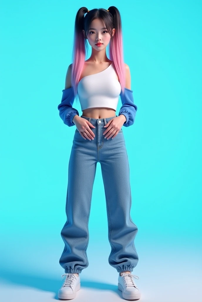 A realistic virtual kpop adult 20 years old long height  girl in baby pink & black mixed colour straight  2 long high ponytails, wearing white 1 sided off shoulder classy top  matt blue sleeves, matt blue baggy jeans white snickers, holding her waist by bo...