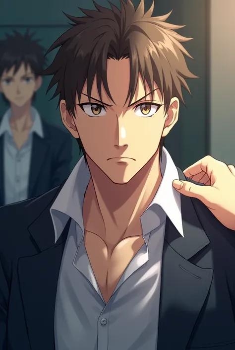 A hand holds an anime characters shirt collar and he looks serious. He is wearing a school uniform and looks manly and mature, with a clear anime 2D character, serious face and sow the half body