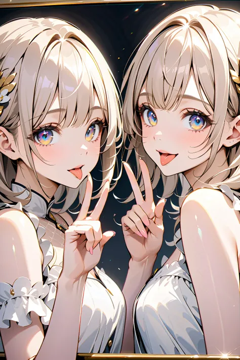 two girls, (opposite mirrors, stick out tongue), shiny skin, big eyes, beautiful fingers, (masterpiece, ultra detailed, top quality), anime.