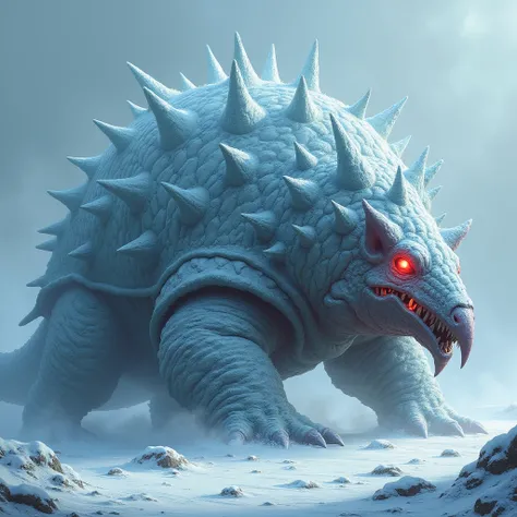 A gigantic armadillo with frost-encrusted armor, rolling into a defensive stance, its eyes glowing red with fury.