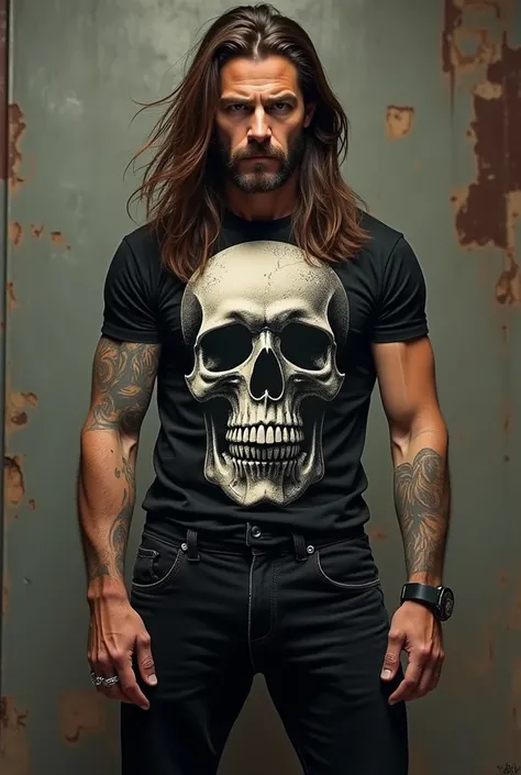 Metalhead Man. Has long brown hair. Short sleeve shirt with skull image and long black jeans 