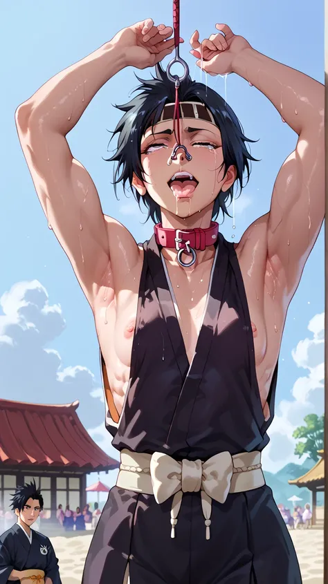 a picture, inspired by Kentaro Miura, trending on pixiv, soifon from bleach, black uniform, favorite scene, fine details, skins, sweating, small breasts, both hands raised, armpits, (small head),armpits visible, dripping with sweat, more more sweat, ((Japa...