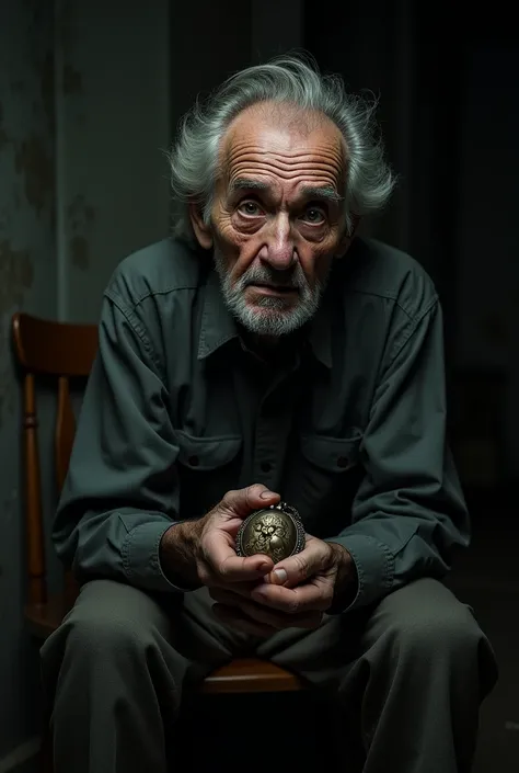 The Survivor’s Warning
 A very clear ultra hd dynamic image of "Old Man in a Dark Room: An elderly man sitting in a dimly lit room, his face wrinkled and fearful, holding an ancient locket."