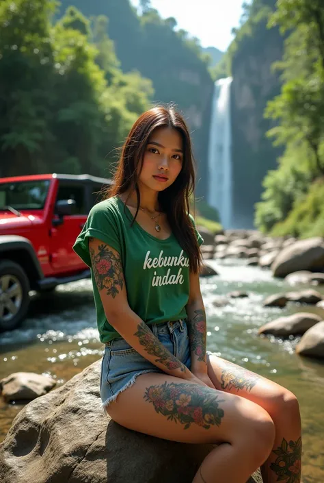 Full body shot of a brightly tattooed girl in bright colors, beautiful face from Thailand wearing a green shirt with a heart written on it"Kebunku Indah" printed on it and short jeans, sitting on a big rock next to a red Jeep in a rocky river with green ve...