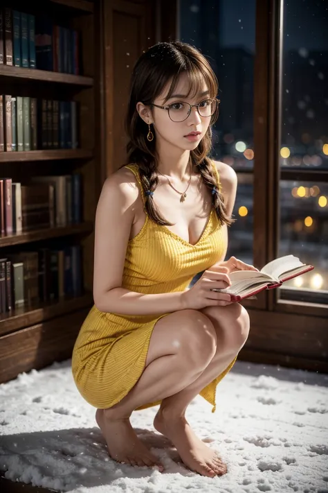 Charming woman, alone, ((short)) braided hair, ((light brown hair)), (wearing a yellow dress:1.2), necklace, earrings, beautiful Japanese actress, (RAW photo, highest quality), (realistic, photoreal:1.4), masterpiece, very delicate and beautiful, highly de...