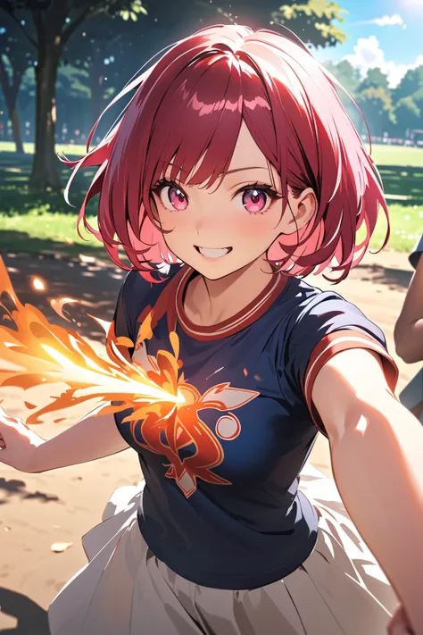 1 girl, (cute face), young heroine, (short bob haircut), (playful expression), (small breasts), slim, (wearing a sporty uniform with magical motifs), knee-length, (colorful designs),  
BREAK  
Outdoor training ground, vibrant magical energy, (practicing sp...