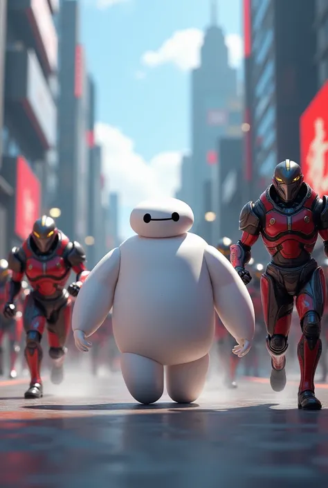 Create an image of Baymax being chased by 45 ren