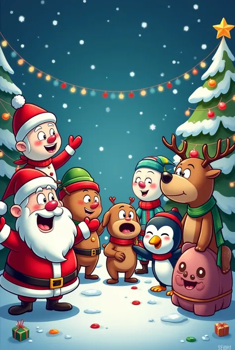 A Christmas image with 9 different Christmas cartoon characters who are making a fool of themselves and congratulating Christmas. a fun and friendly image