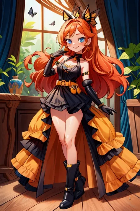 "Masterpiece, best quality, 1 girl, orange long hair, loose hair, blue eyes, standing indoors with intricate details and sunlight. black and yellow frilled dress with short neckline, black gloves, black butterfly belt, earrings, black boots. Sweet smile, s...