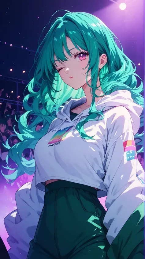 a mature woman with long wavy dark teal green hair, pink eyes, white hoodie crop top kpop outfit, stage, wink, concert, colorful lighting, blow air kiss