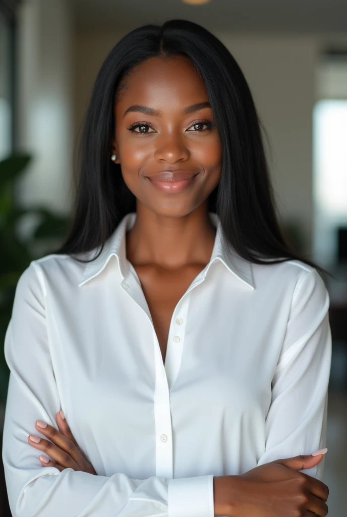 Malagasy woman (25 years old), oval face, milk-chocolate skin, slight sun-kissed glow. Black hair, straight, slightly wavy on the lengths. Dark brown almond-shaped eyes, slight Asian tilt. Slightly upturned nose. Natural smile. Generous, well-proportioned ...