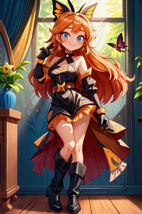 "Masterpiece, best quality, 1 girl, orange long hair, loose hair, blue eyes, standing indoors with intricate details and sunlight. black and yellow frilled dress with short neckline, black gloves, black butterfly belt, earrings, black boots. Sweet smile, s...