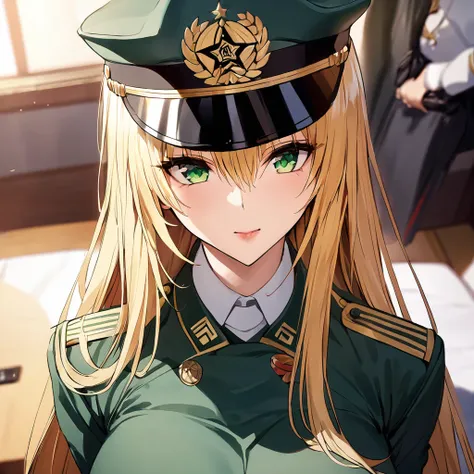 (( top quality )), ((masterpiece)), ( Details), （perfect face）、 blonde and green-eyed Tiayu Lunatique is wearing a khaki Chinese Peoples Liberation Army military uniform and a Chinese Peoples Liberation Army military cap、 beautiful female soldiers who are ...