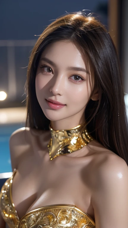 Latex bodysuit、Knee-high boots、Huge 、Face close-up、Long brown hair、Shiny, Oily skin、Glowing Skin、Indoor competition pool、White skin、 Body Portrait, 8k, Narrow and beautiful eyes, Dindal effect, masterpiece, 最high quality, high quality, High resolution, Ver...