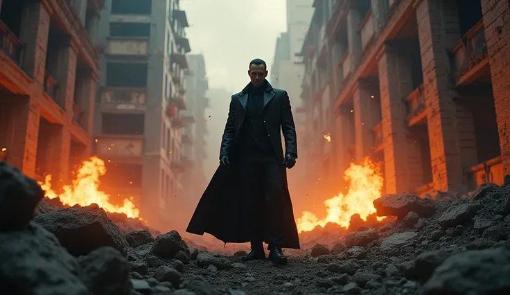 "Rubble and broken structures surround the villain as shattered glass and firelight scatter across the dark air. His suit illuminates the devastation, showing the scale of destruction hes causing."