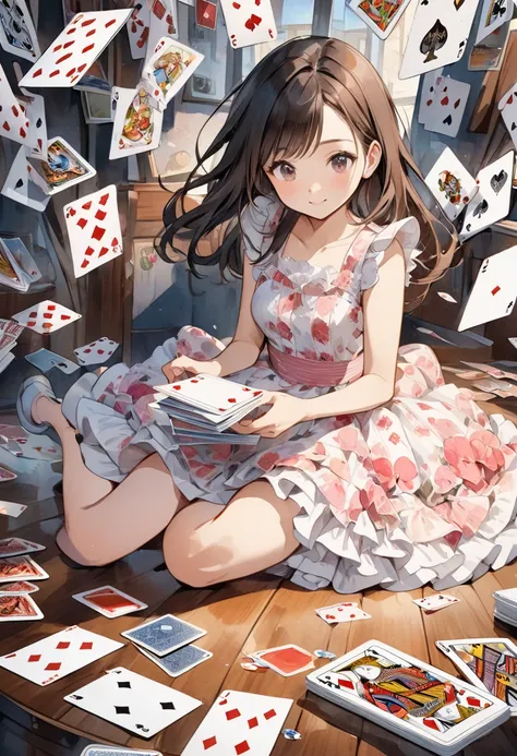 Playing cards with a picture of a girl in a frilly dress among the playing cards, many cards being played with by a girl, high resolution, cartoon style illustration, watercolor style, two girls playing