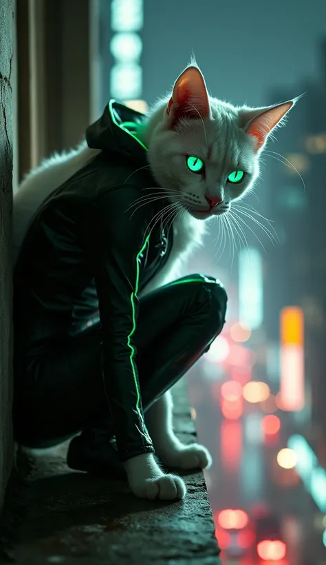 Shadow Protector Cat
A white cat in a sleek black suit with glowing green accents crouches on the edge of a tall building, her piercing eyes scanning the streets below. The city is dark, with neon lights reflecting off the wet pavement.