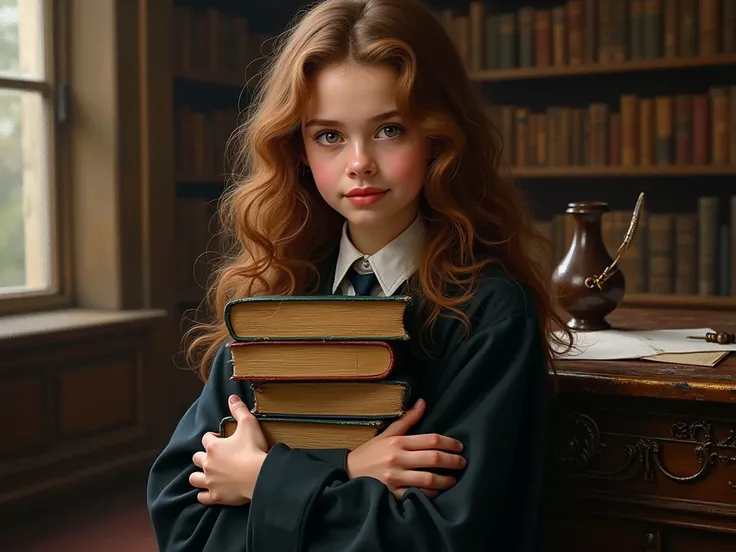 Hermione Granger hugs oil-painting textbooks