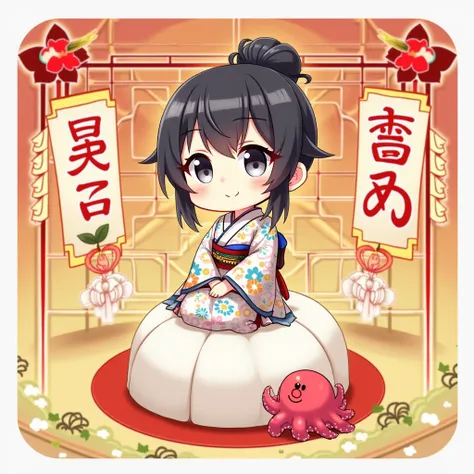 Cute Anime、Chibi、  cute girl、 high res, bangs, Bang Bangs, My eyes are silver ,  black hair,  bun hair, wearing a kimono(Floral) 、 sitting on kagamimochi 、Red octopus pet 、New Year&#39;s background、