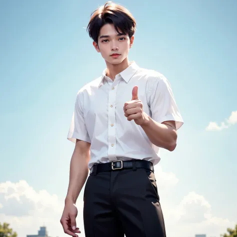 Full-body photo. A Thai male college student standing. Wearing White short-sleeved collared shirt and tight black slacks, and black belt, He giving a thumbs-up gesture to represent "liking" something. He wear sneakers with a gray and black design, Soft nat...