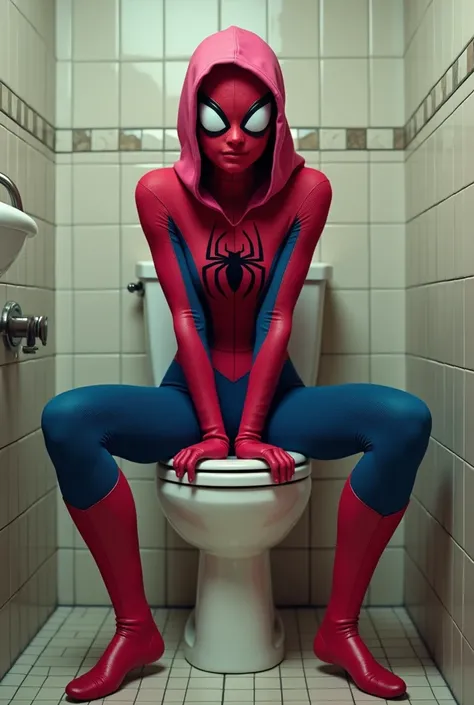 Spider Gwen sitting on the toilet
