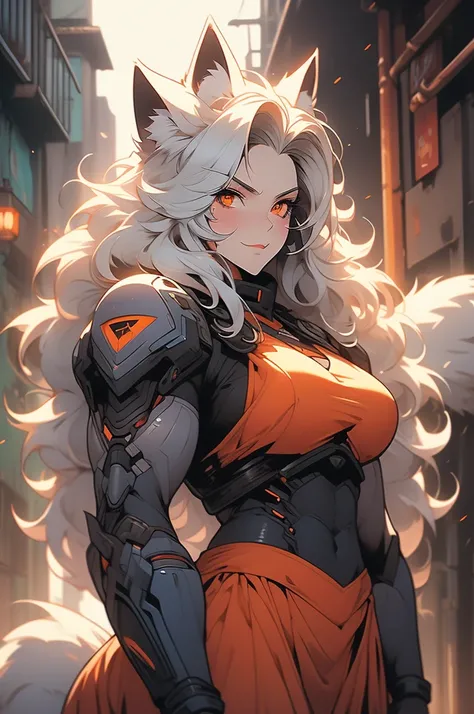 1girl, voluptuous, tall, wolf girl, looking down at viewer, evil smirk, white fur, white hair, extremely long hair, fluffy hair, orange eyes, canines, muscular, towering over viewer, bullet vest, cyberpunk, cyberpunk city, dark alley