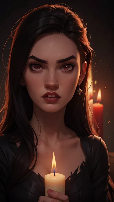  a close up of a woman with a candle in her hand,  Killer Star ,  portrait of Megan Fox as a demon ,  evil look , vampire girl,  intense demonic look in the eyes , Portrait of Má , bad woman, vampire portrait,  goth horror vibes ,  evil look ing, red conta...