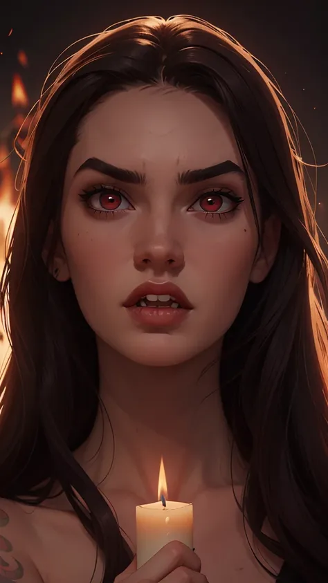  a close up of a woman with a candle in her hand,  Killer Star ,  portrait of Megan Fox as a demon ,  evil look , vampire girl,  intense demonic look in the eyes , Portrait of Má , bad woman, vampire portrait,  goth horror vibes ,  evil look ing, red conta...