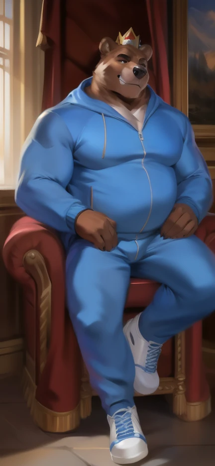 Solo, male Tall​ ,huge​ body​,​ Chair Ride ,Wearing the Kings Crown, den,big bear moose ,blue Tracksuit soldier , Wear combat shoes, overweight, muscular, Smirking​ , by chunie