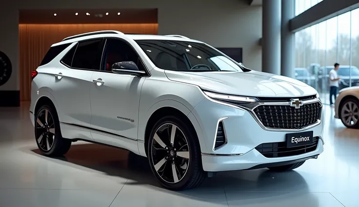 A sleek, modern(white) (Chevrolet Equinox 2025) with a luxurious and futuristic design, viewed from the (right VIEW ) in a well-lit indoor showroom. The car features a bold hexagonal grille with chrome accents, sharp LED headlights, and a sculpted hood tha...