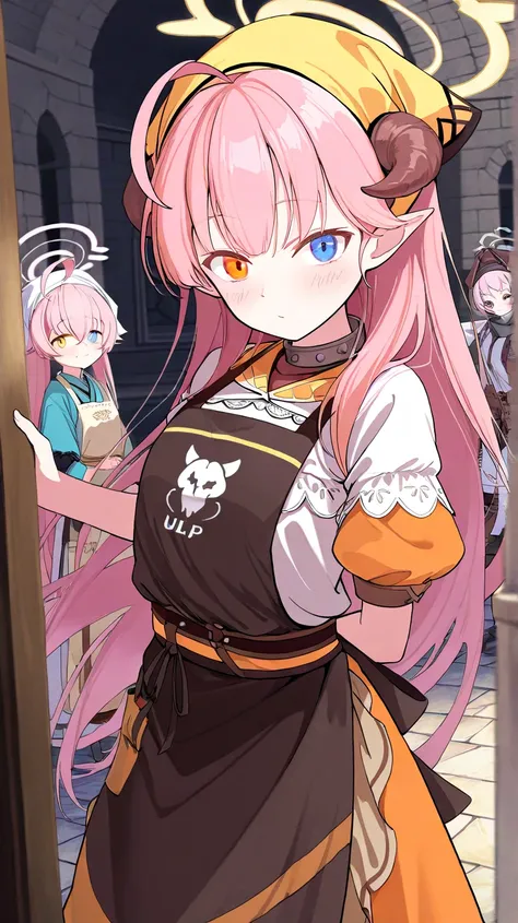 (high quality, ultra-detailed), Blue Archive, Hoshino Takanashi, looking at viewer, pink hair, heterochromia of blue (right) and orange (left) eyes, medieval peasant clothing (Kirtle, Apron, and headscarf)