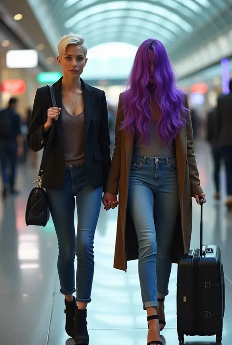 2 Very attractive caucasian females, 1 with with short pixie cut platinum blonde hair, aged 27 years, the other Kenna James with long bright purple hair, walking through Milan airport holding hands