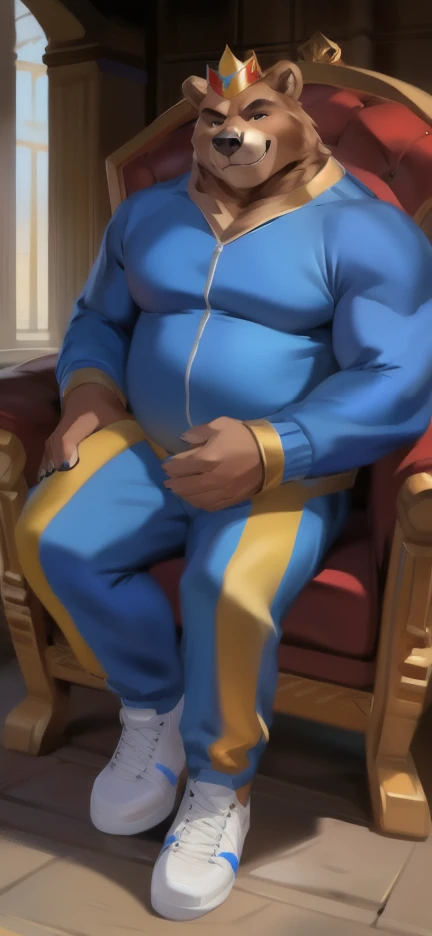 Solo, male Tall​ ,huge​ body​,​ Chair Ride ,Wearing the Kings Crown, den,big bear ,blue Tracksuit soldier , Wear combat shoes, overweight, muscular, Smirking​ , by chunie