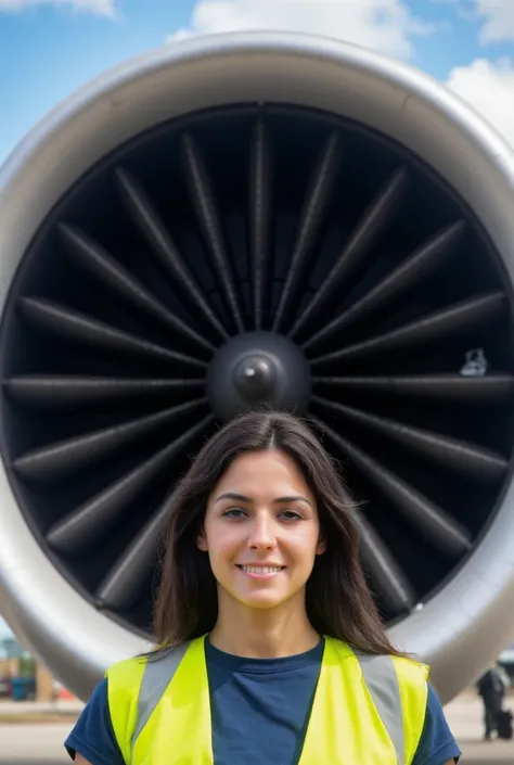 A hyper-realistic scene captures a young woman standing confidently in front of a massive airplane engine outdoors, with a clear blue sky and scattered clouds providing a vibrant backdrop. The engine, with its polished metallic surface and intricately deta...