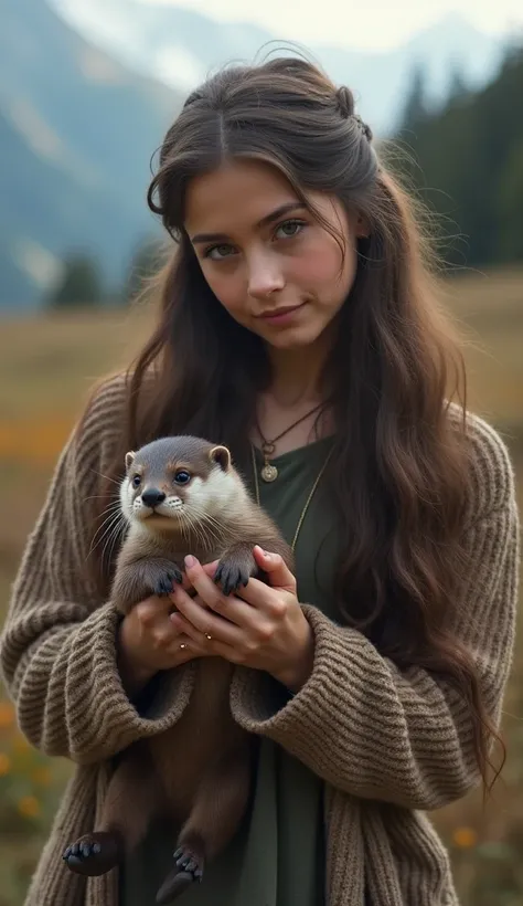  realistic,  high quality , detail,  professional photo ,  pretty face,  full length , in the mountains,  girl holds an otter in her hands,  very long hair , filigree, Surrealism, сверхdetail,  soft lighting , focus on the eyes, 4K,  high resolution, высок...