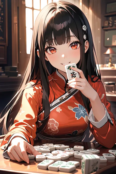 1 girl, (cute face), young mahjong heroine, (long straight hair), (playful smile), (medium breasts), slim, (wearing a stylish mahjong-themed outfit), knee-length, (colorful patterns),  
BREAK  
Mahjong parlor, vibrant tiles scattered on the table, (strateg...