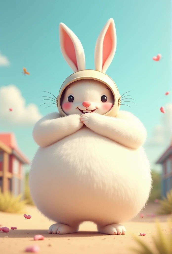  Fat Fluffy (((male))), rabbit, cartoon, belly overhang, white belly, tight, circle helmet on head.