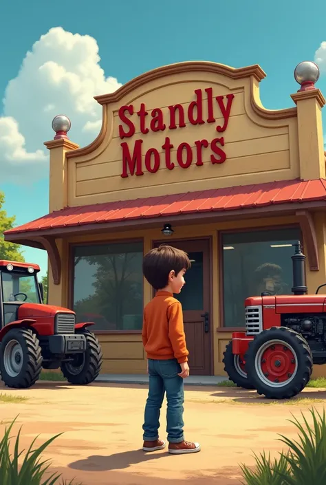  A boy stanting front of tractor sales shop that shop name is  standly motors 3 tactors