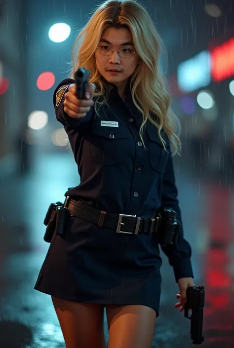 1 Female、American Beauty、Super beautiful、Facial beauty、blue eyes、Standing、New York Police Uniform、mini skirt、Golden Hair、Night Street、Backlight、The wind is blowing、it&#39;s raining、He is looking intently at the barrel of the gun.、Thigh-up shot、pointing pis...