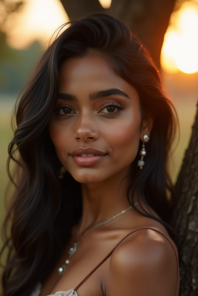 A breathtaking 21-year-old Indian woman with an extremely symmetrical and flawless face, captured in sharp focus with a beautifully blurred background and cinematic bokeh. She has long, silky black hair that falls gracefully over one eye, giving her a myst...