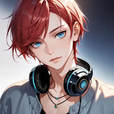 solo, 1boy, jewelry,bishounen,skinny,lips,portrait,short hair,swept bangs,blue eyes,open jacket, male focus, red hair, necklace, headphones around neck, 