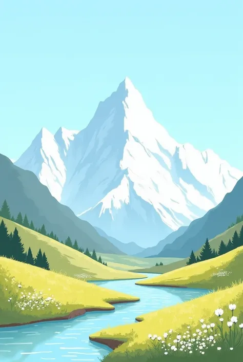 Make me a sketch of a mountain landscape with objects as simple and aesthetic as in real life