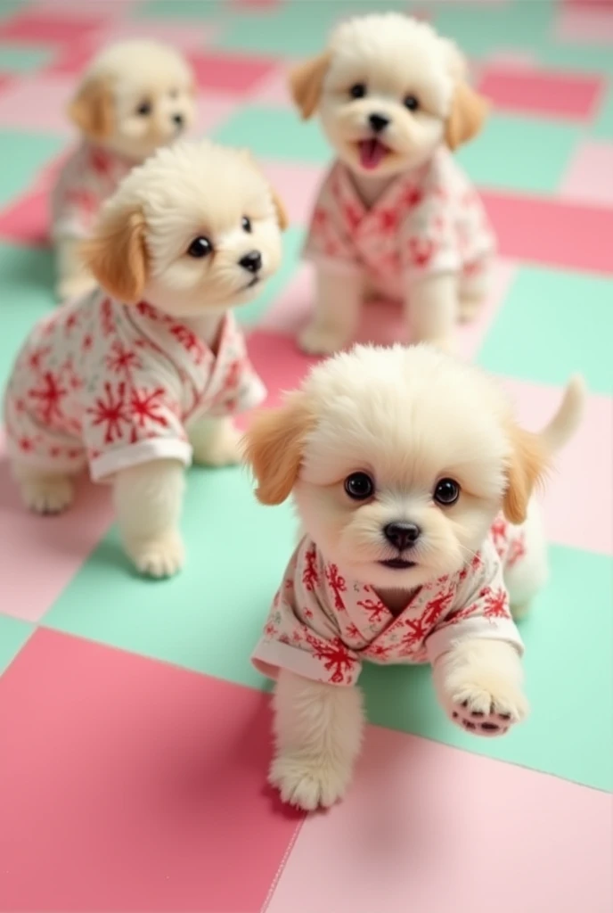  pink and mint green laminate checkered object、Cute puppies are having fun 、Fun details、A rich expression、Wear a cute kimono dress、Blur