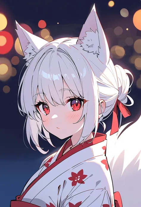  kitsune girl in red and white yukata,  with red eyes ,  white hair bandage on the eyes,  tied in a bun , fox white ears .