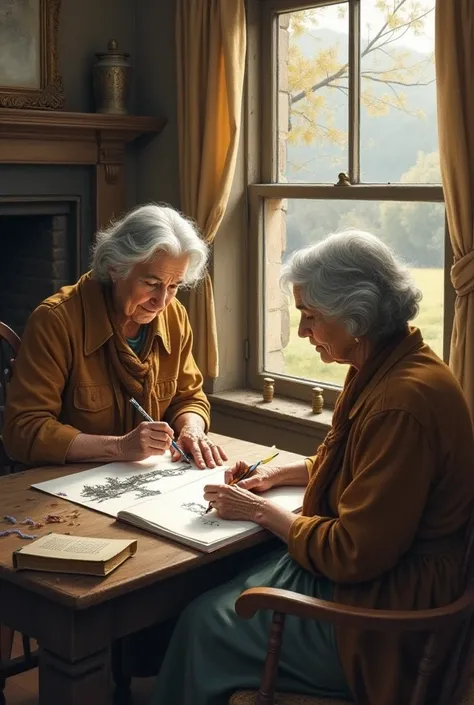 two brown old women sitting who is one painting a pictures of landscape with ink on the side of the window and one who is writing a book near firewall 